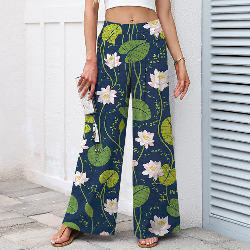 Buddha Stones Pantaloni da donna in cotone e lino con elastico in vita e gamba larga, fantasia a foglie di loto verde, con tasche. - image 1