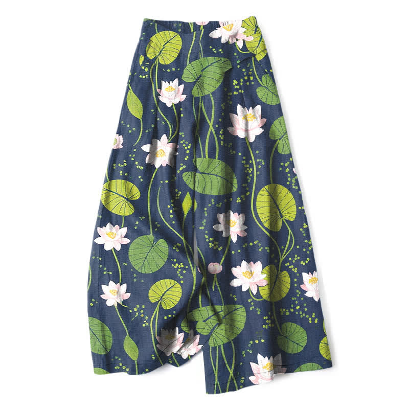 Buddha Stones Pantaloni da donna in cotone e lino con elastico in vita e gamba larga, fantasia a foglie di loto verde, con tasche. - Marina - US16, UK/AU20, EU48 (3XL) - image 0
