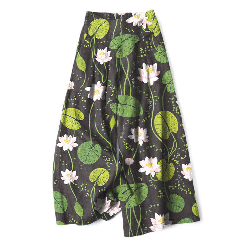 Buddha Stones Pantaloni da donna in cotone e lino con elastico in vita e gamba larga, fantasia a foglie di loto verde, con tasche. - Nero - US16, UK/AU20, EU48 (3XL) - image 4