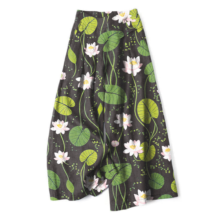 Buddha Stones Pantaloni da donna in cotone e lino con elastico in vita e gamba larga, fantasia a foglie di loto verde, con tasche. - Nero - US16, UK/AU20, EU48 (3XL) - image 4