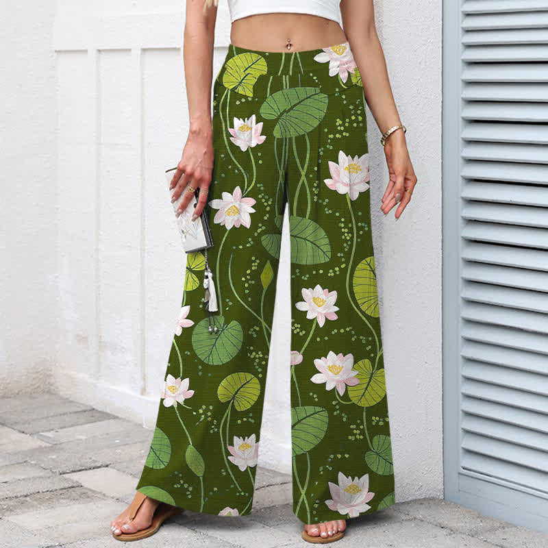 Buddha Stones Pantaloni da donna in cotone e lino con elastico in vita e gamba larga, fantasia a foglie di loto verde, con tasche. - image 7