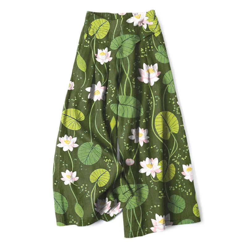 Buddha Stones Pantaloni da donna in cotone e lino con elastico in vita e gamba larga, fantasia a foglie di loto verde, con tasche. - Verde oliva - US16, UK/AU20, EU48 (3XL) - image 6