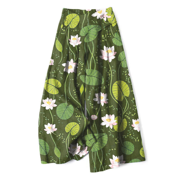 Buddha Stones Pantaloni da donna in cotone e lino con elastico in vita e gamba larga, fantasia a foglie di loto verde, con tasche. - Verde oliva - US16, UK/AU20, EU48 (3XL) - image 6