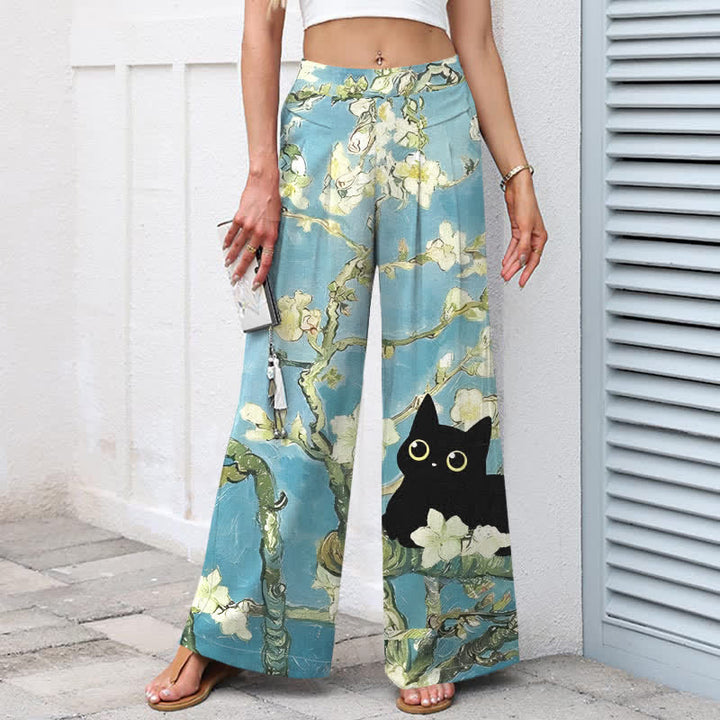 Buddha Stones Pantaloni da donna a gamba larga con elastico in vita e tasche, in cotone e lino blu con fantasia floreale e gatti. - image 1