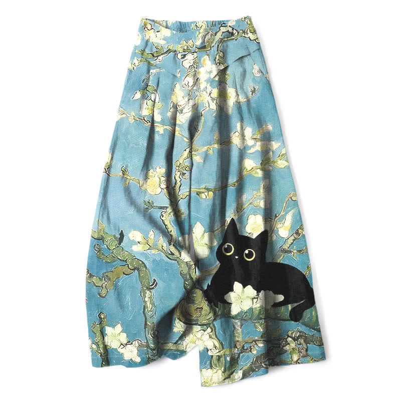 Buddha Stones Pantaloni da donna a gamba larga con elastico in vita e tasche, in cotone e lino blu con fantasia floreale e gatti. - Turchese pallido - US16, UK/AU20, EU48 (3XL) - image 0