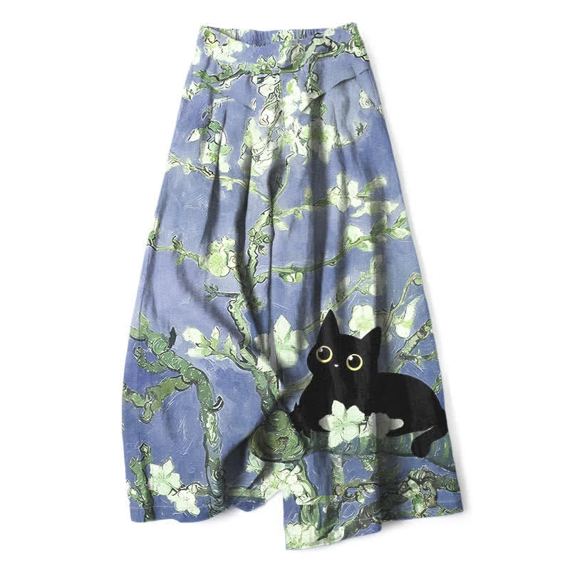 Buddha Stones Pantaloni da donna a gamba larga con elastico in vita e tasche, in cotone e lino blu con fantasia floreale e gatti. - Blu Ardesia Medio - US16, UK/AU20, EU48 (3XL) - image 4