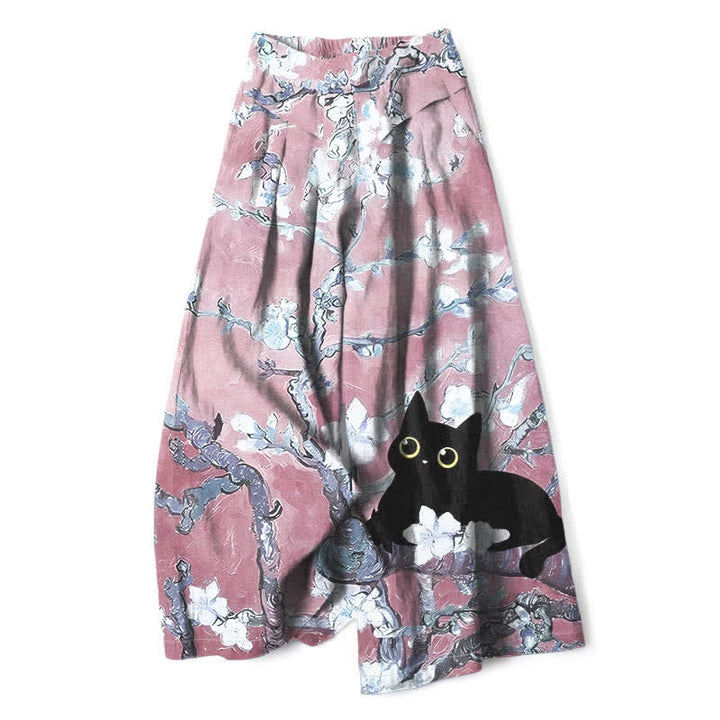 Buddha Stones Pantaloni da donna a gamba larga con elastico in vita e tasche, in cotone e lino blu con fantasia floreale e gatti. - Rosa chiaro - US16, UK/AU20, EU48 (3XL) - image 6