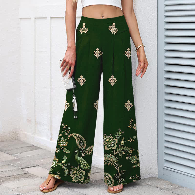 Buddha Stones Pantaloni da donna a gamba larga con elastico in vita e tasche, in cotone e lino, con fantasia floreale e paisley in stile bohémien. - image 1