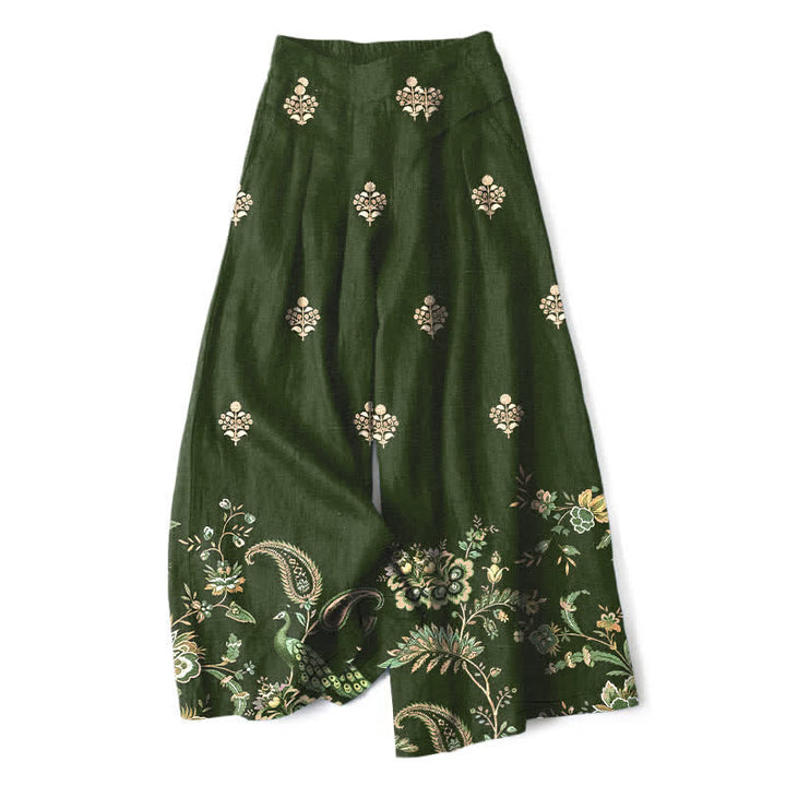 Buddha Stones Pantaloni da donna a gamba larga con elastico in vita e tasche, in cotone e lino, con fantasia floreale e paisley in stile bohémien. - Verde oliva scuro - US16, UK/AU20, EU48 (3XL) - image 0