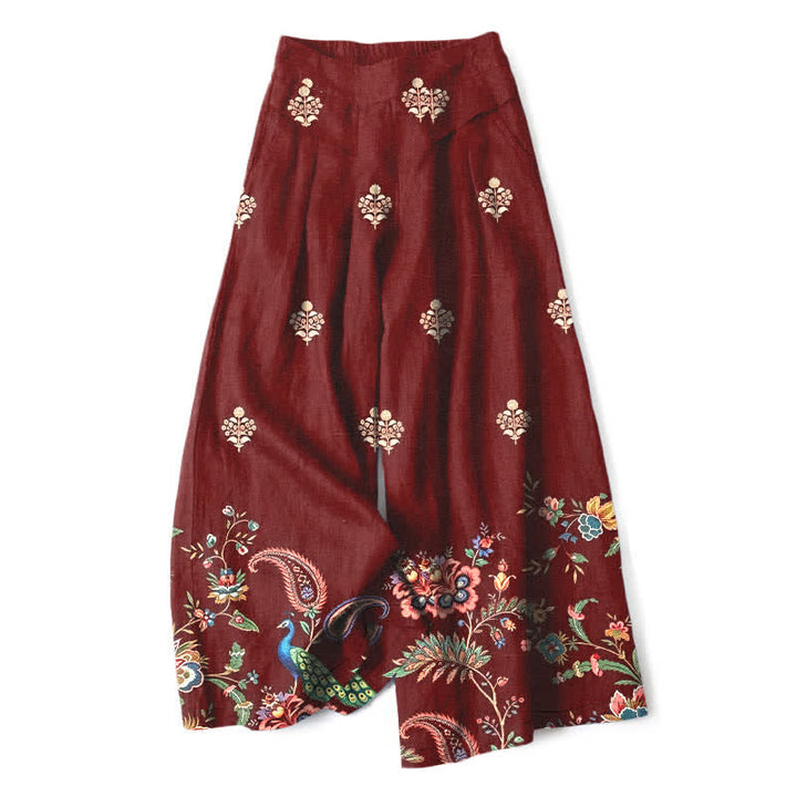 Buddha Stones Pantaloni da donna a gamba larga con elastico in vita e tasche, in cotone e lino, con fantasia floreale e paisley in stile bohémien. - Marrone - US16, UK/AU20, EU48 (3XL) - image 4