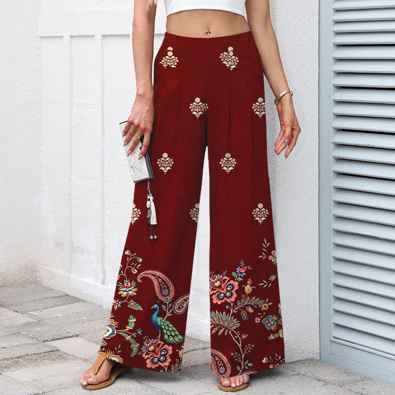 Buddha Stones Pantaloni da donna a gamba larga con elastico in vita e tasche, in cotone e lino, con fantasia floreale e paisley in stile bohémien. - image 5