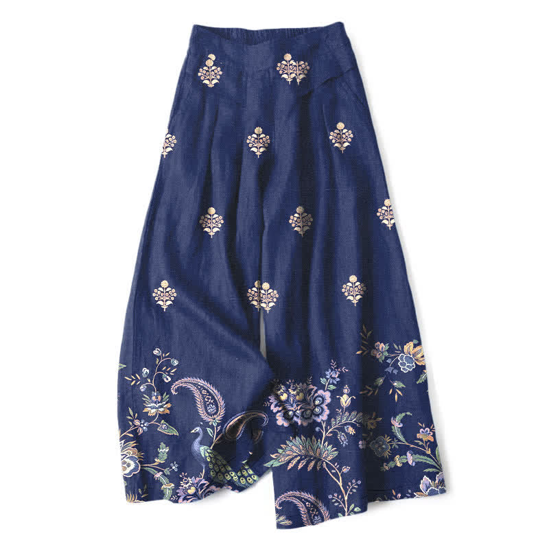 Buddha Stones Pantaloni da donna a gamba larga con elastico in vita e tasche, in cotone e lino, con fantasia floreale e paisley in stile bohémien. - Marina - US16, UK/AU20, EU48 (3XL) - image 6