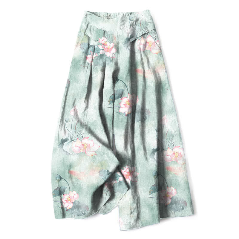Buddha Stones Pantaloni da donna a gamba larga con elastico in vita e tasche, in cotone e lino, con stampa floreale di foglie di loto ad acquerello. - Acquamarina - US16, UK/AU20, EU48 (3XL) - image 0