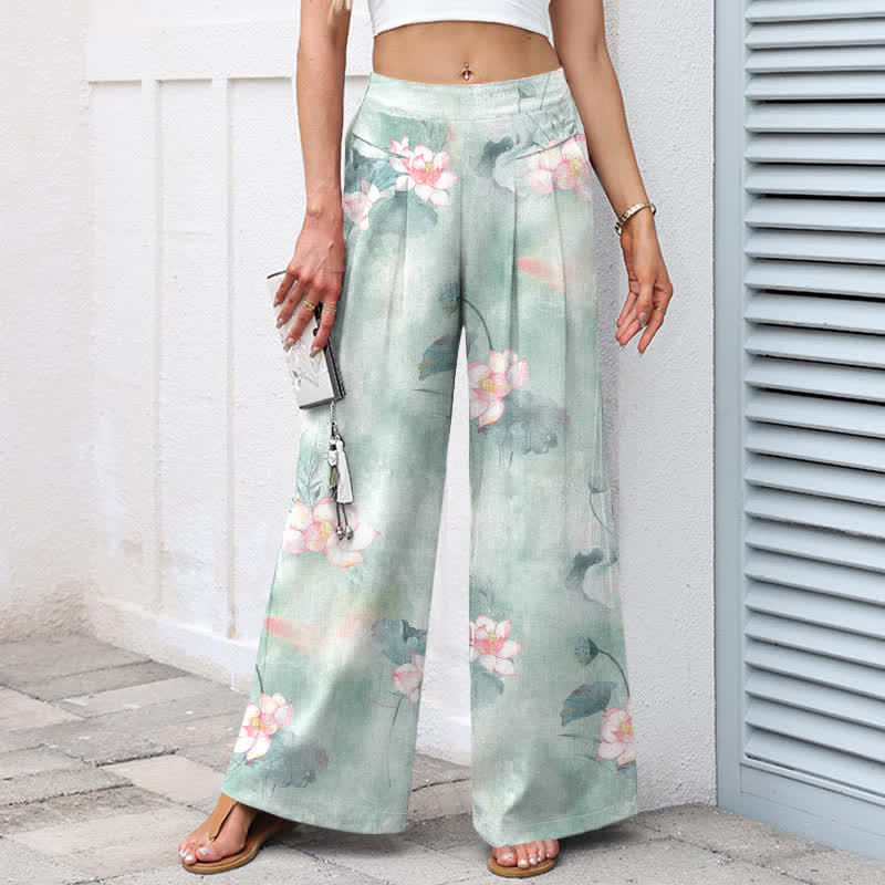 Buddha Stones Pantaloni da donna a gamba larga con elastico in vita e tasche, in cotone e lino, con stampa floreale di foglie di loto ad acquerello. - image 1