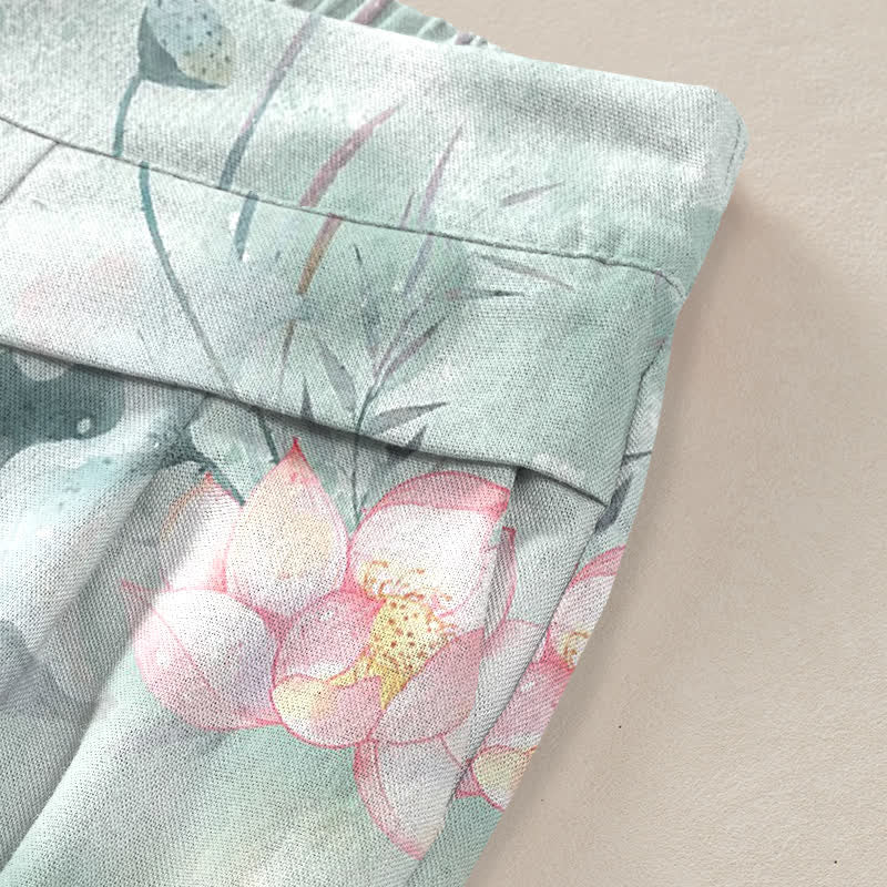 Buddha Stones Pantaloni da donna a gamba larga con elastico in vita e tasche, in cotone e lino, con stampa floreale di foglie di loto ad acquerello. - image 2