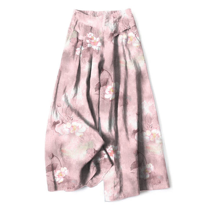 Buddha Stones Pantaloni da donna a gamba larga con elastico in vita e tasche, in cotone e lino, con stampa floreale di foglie di loto ad acquerello. - Rosa chiaro - US16, UK/AU20, EU48 (3XL) - image 4
