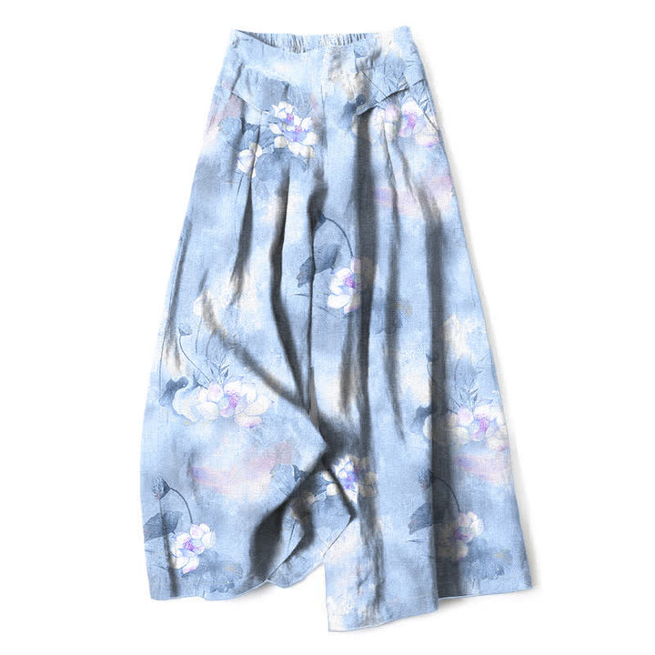 Buddha Stones Pantaloni da donna a gamba larga con elastico in vita e tasche, in cotone e lino, con stampa floreale di foglie di loto ad acquerello. - Azzurro chiaro - US16, UK/AU20, EU48 (3XL) - image 6