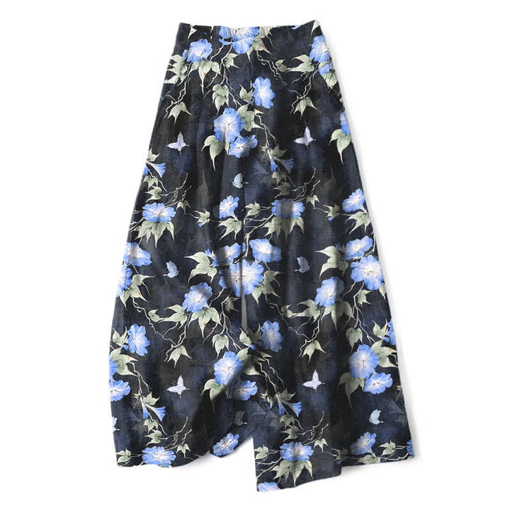 Buddha Stones Pantaloni da donna a gamba larga con elastico in vita e tasche, in cotone e lino blu con fantasia floreale a foglie. - Blu fiordaliso - US16, UK/AU20, EU48 (3XL) - image 0