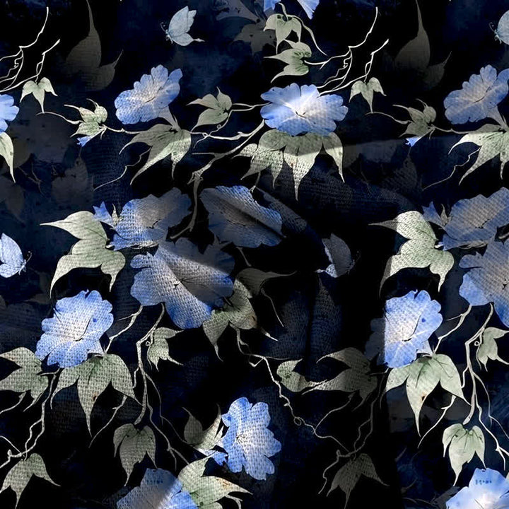 Buddha Stones Pantaloni da donna a gamba larga con elastico in vita e tasche, in cotone e lino blu con fantasia floreale a foglie. - image 3