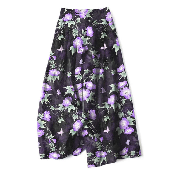 Buddha Stones Pantaloni da donna a gamba larga con elastico in vita e tasche, in cotone e lino blu con fantasia floreale a foglie. - Orchidea media - US16, UK/AU20, EU48 (3XL) - image 4