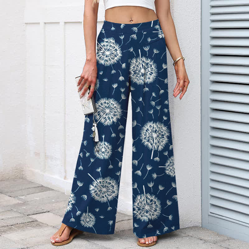 Buddha Stones Pantaloni da donna a gamba larga con elastico in vita e tasche, in cotone e lino bianco con fantasia a dente di leone. - image 1