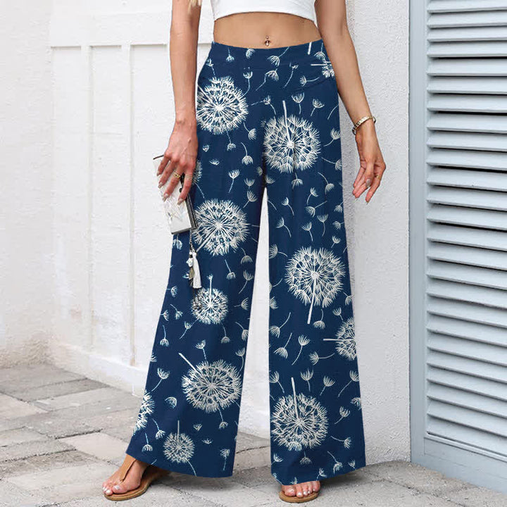 Buddha Stones Pantaloni da donna a gamba larga con elastico in vita e tasche, in cotone e lino bianco con fantasia a dente di leone. - image 1