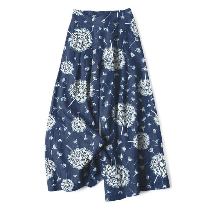 Buddha Stones Pantaloni da donna a gamba larga con elastico in vita e tasche, in cotone e lino bianco con fantasia a dente di leone. - Marina - US16, UK/AU20, EU48 (3XL) - image 0