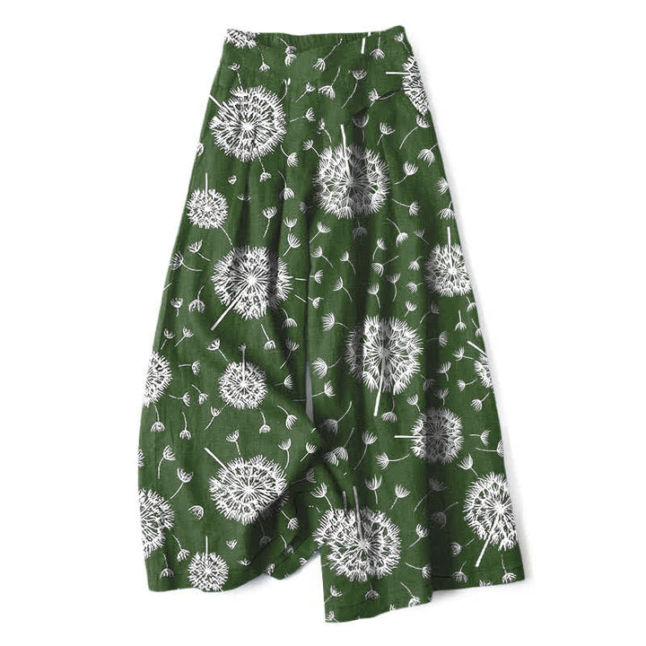 Buddha Stones Pantaloni da donna a gamba larga con elastico in vita e tasche, in cotone e lino bianco con fantasia a dente di leone. - Verde studentesco - US16, UK/AU20, EU48 (3XL) - image 4