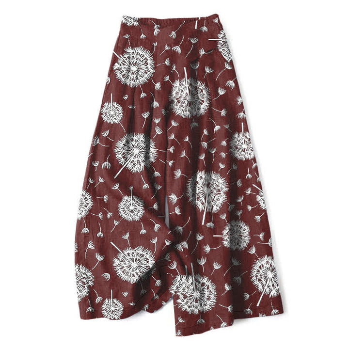 Buddha Stones Pantaloni da donna a gamba larga con elastico in vita e tasche, in cotone e lino bianco con fantasia a dente di leone. - Marrone - US16, UK/AU20, EU48 (3XL) - image 6