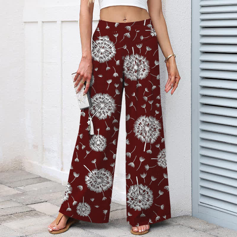 Buddha Stones Pantaloni da donna a gamba larga con elastico in vita e tasche, in cotone e lino bianco con fantasia a dente di leone. - image 7