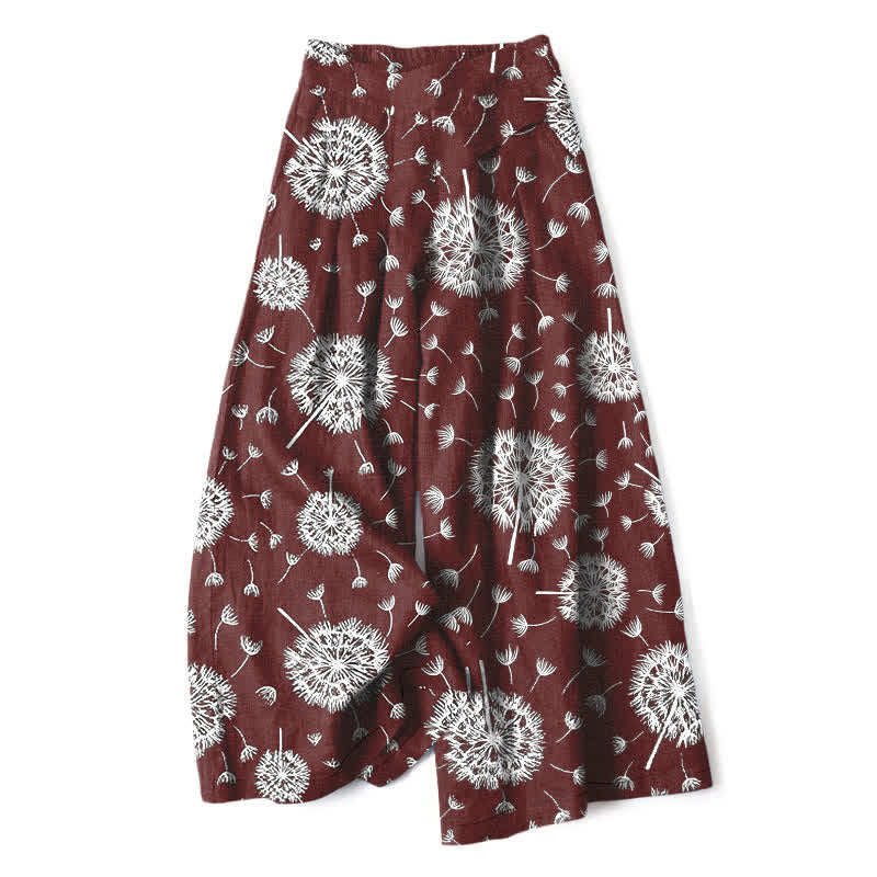 Buddha Stones Pantaloni da donna a gamba larga con elastico in vita e tasche, in cotone e lino bianco con fantasia a dente di leone. - Marrone - US16, UK/AU20, EU48 (3XL) - image 6