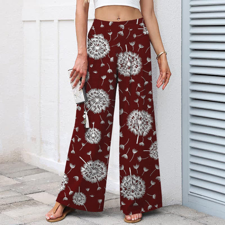 Buddha Stones Pantaloni da donna a gamba larga con elastico in vita e tasche, in cotone e lino bianco con fantasia a dente di leone. - image 7