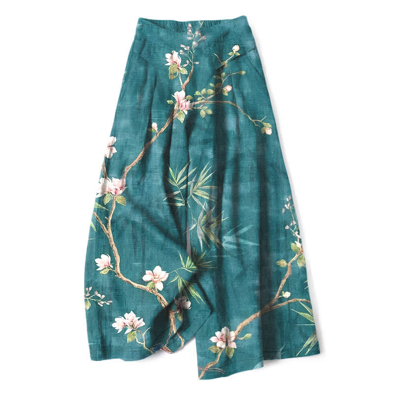Buddha Stones Pantaloni da donna in cotone e lino, rosa chiaro, con elastico in vita e gamba larga, con tasche, fantasia floreale orientale. - Verde acqua - US16, UK/AU20, EU48 (3XL) - image 0
