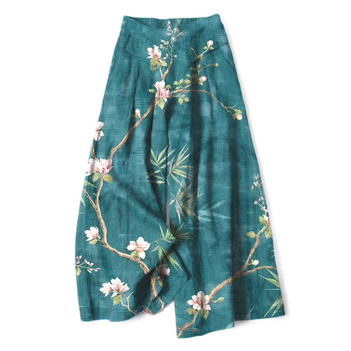 Buddha Stones Pantaloni da donna in cotone e lino, rosa chiaro, con elastico in vita e gamba larga, con tasche, fantasia floreale orientale. - Verde acqua - US16, UK/AU20, EU48 (3XL) - image 0