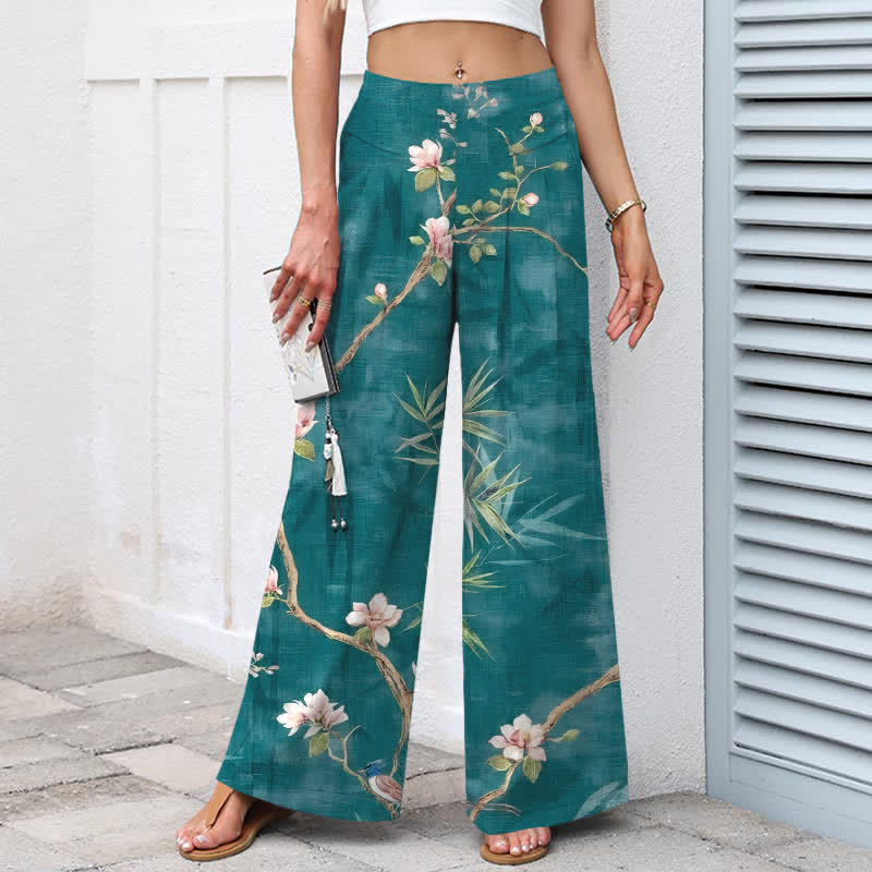 Buddha Stones Pantaloni da donna in cotone e lino, rosa chiaro, con elastico in vita e gamba larga, con tasche, fantasia floreale orientale. - image 1