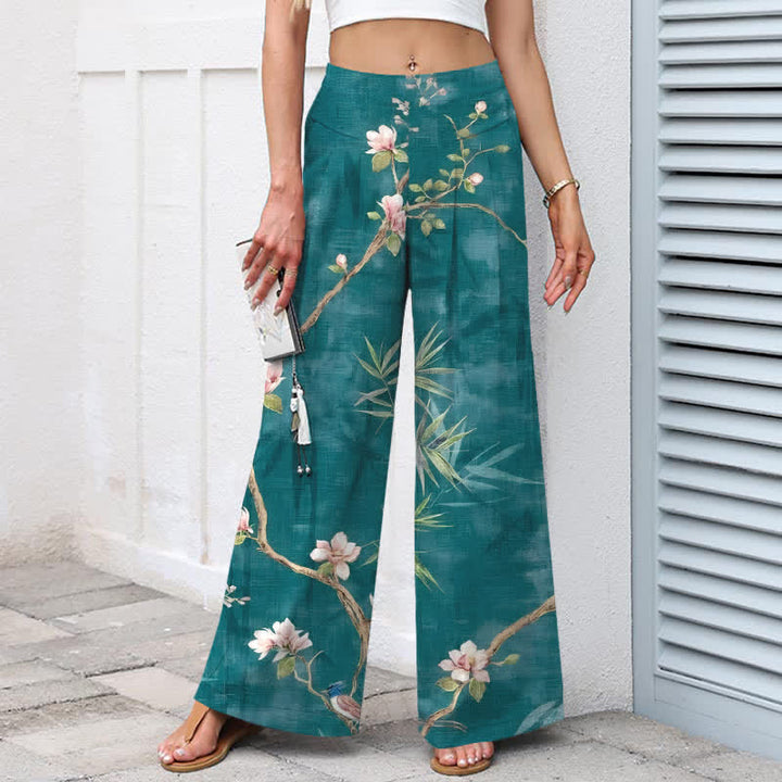 Buddha Stones Pantaloni da donna in cotone e lino, rosa chiaro, con elastico in vita e gamba larga, con tasche, fantasia floreale orientale. - image 1