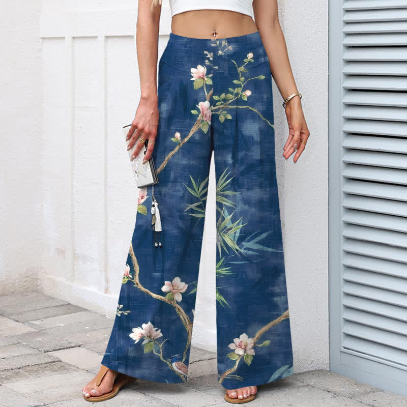 Buddha Stones Pantaloni da donna in cotone e lino, rosa chiaro, con elastico in vita e gamba larga, con tasche, fantasia floreale orientale. - image 5