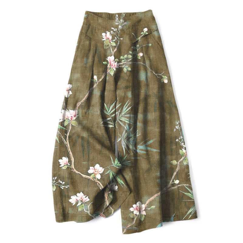 Buddha Stones Pantaloni da donna in cotone e lino, rosa chiaro, con elastico in vita e gamba larga, con tasche, fantasia floreale orientale. - Oliva - US16, UK/AU20, EU48 (3XL) - image 6
