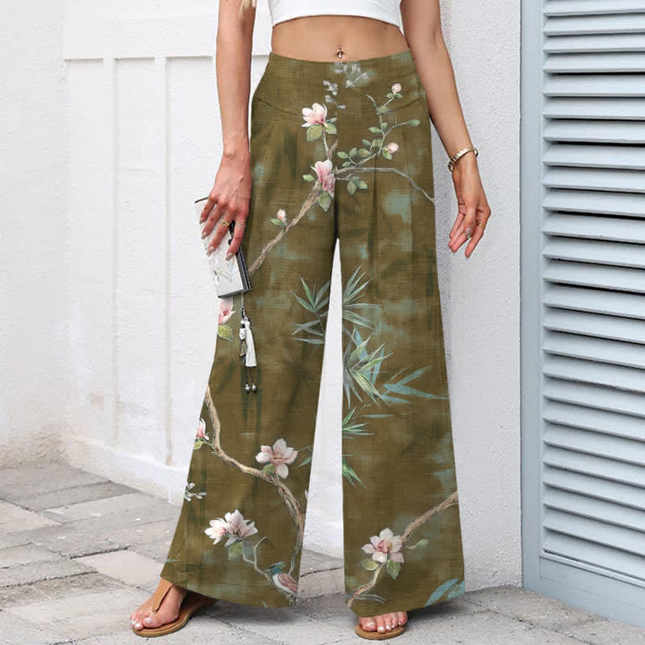Buddha Stones Pantaloni da donna in cotone e lino, rosa chiaro, con elastico in vita e gamba larga, con tasche, fantasia floreale orientale. - image 7