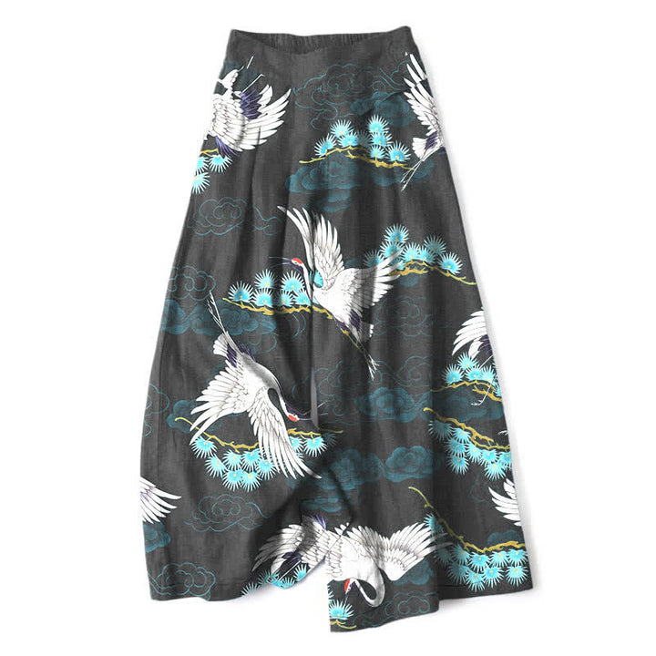 Buddha Stones Pantaloni da donna a gamba larga con elastico in vita e tasche, in cotone e lino bianco con motivo gru, nuvole di buon auspicio e pino. - Nero - US16, UK/AU20, EU48 (3XL) - image 0