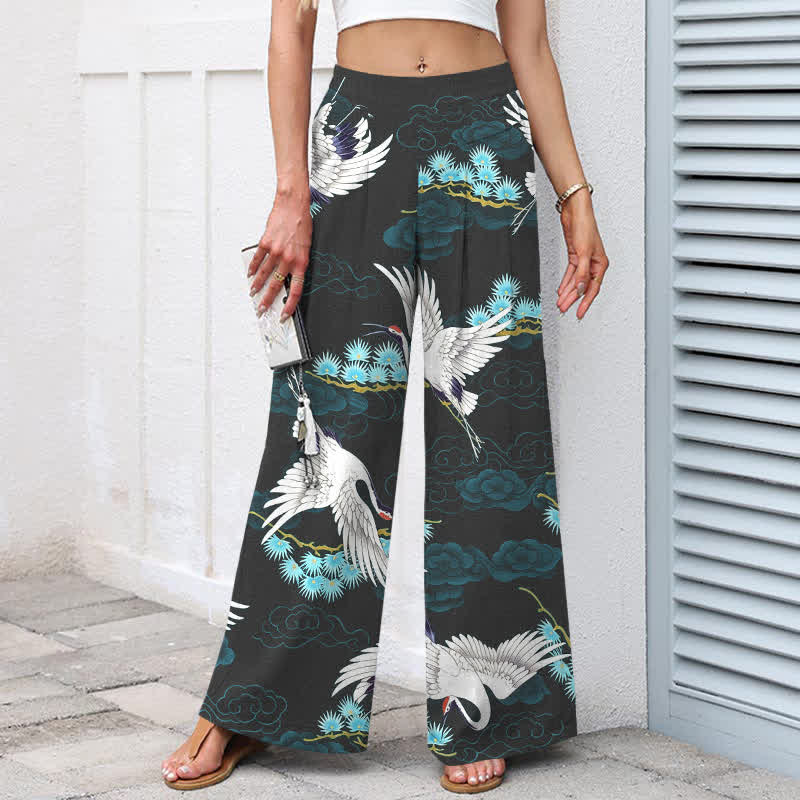 Buddha Stones Pantaloni da donna a gamba larga con elastico in vita e tasche, in cotone e lino bianco con motivo gru, nuvole di buon auspicio e pino. - image 1
