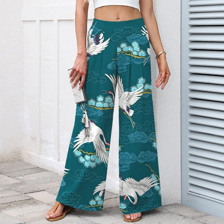 Buddha Stones Pantaloni da donna a gamba larga con elastico in vita e tasche, in cotone e lino bianco con motivo gru, nuvole di buon auspicio e pino. - image 5