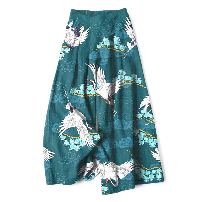 Buddha Stones Pantaloni da donna a gamba larga con elastico in vita e tasche, in cotone e lino bianco con motivo gru, nuvole di buon auspicio e pino. - Verde acqua - US16, UK/AU20, EU48 (3XL) - image 4