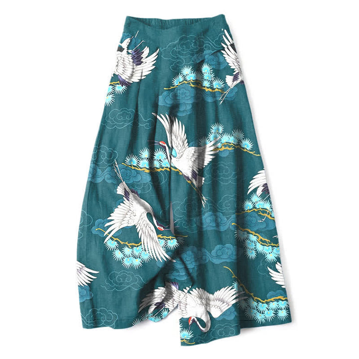 Buddha Stones Pantaloni da donna a gamba larga con elastico in vita e tasche, in cotone e lino bianco con motivo gru, nuvole di buon auspicio e pino. - Verde acqua - US16, UK/AU20, EU48 (3XL) - image 4