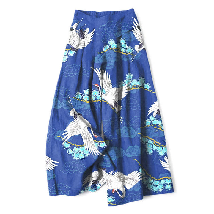 Buddha Stones Pantaloni da donna a gamba larga con elastico in vita e tasche, in cotone e lino bianco con motivo gru, nuvole di buon auspicio e pino. - Blu reale - US16, UK/AU20, EU48 (3XL) - image 6