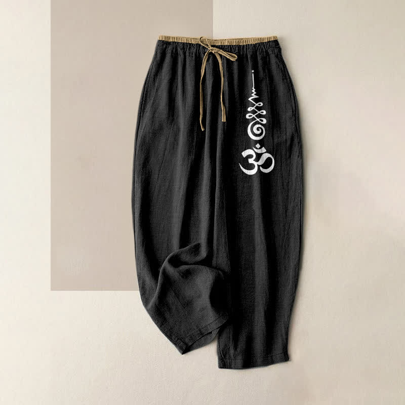 Buddha Stones Pantaloni da donna in puro cotone con elastico in vita e tasche, decorati con il simbolo Om. - Nero - US16, UK/AU20, EU48 (3XL) - image 0