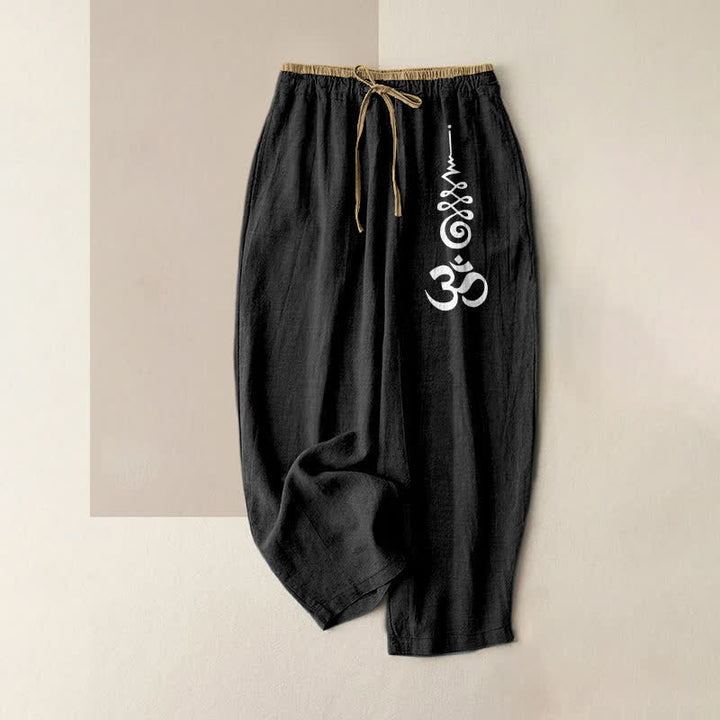 Buddha Stones Pantaloni da donna in puro cotone con elastico in vita e tasche, decorati con il simbolo Om. - Nero - US16, UK/AU20, EU48 (3XL) - image 0