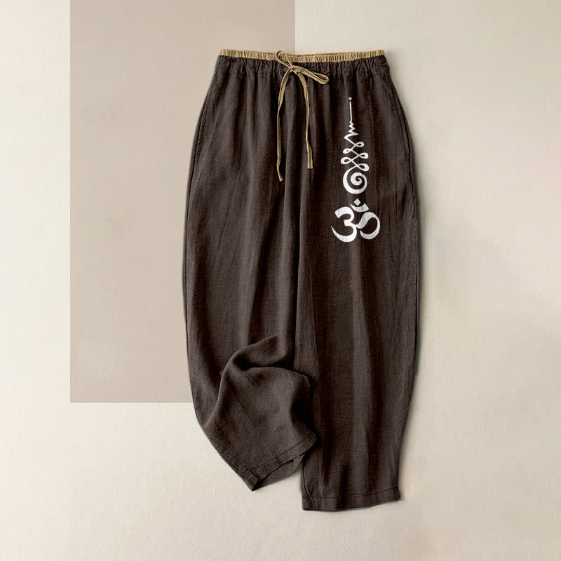 Buddha Stones Pantaloni da donna in puro cotone con elastico in vita e tasche, decorati con il simbolo Om. - Marrone sella - US16, UK/AU20, EU48 (3XL) - image 8