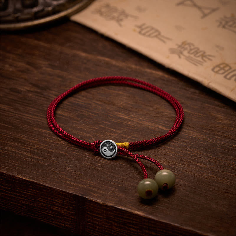 Buddha Stones Bracciale vintage intrecciato in argento sterling 925, rotondo, con simbolo Yin Yang di protezione, fatto a mano e con cordino rosso. - Argento (Benedizione♥Calma) - image 0
