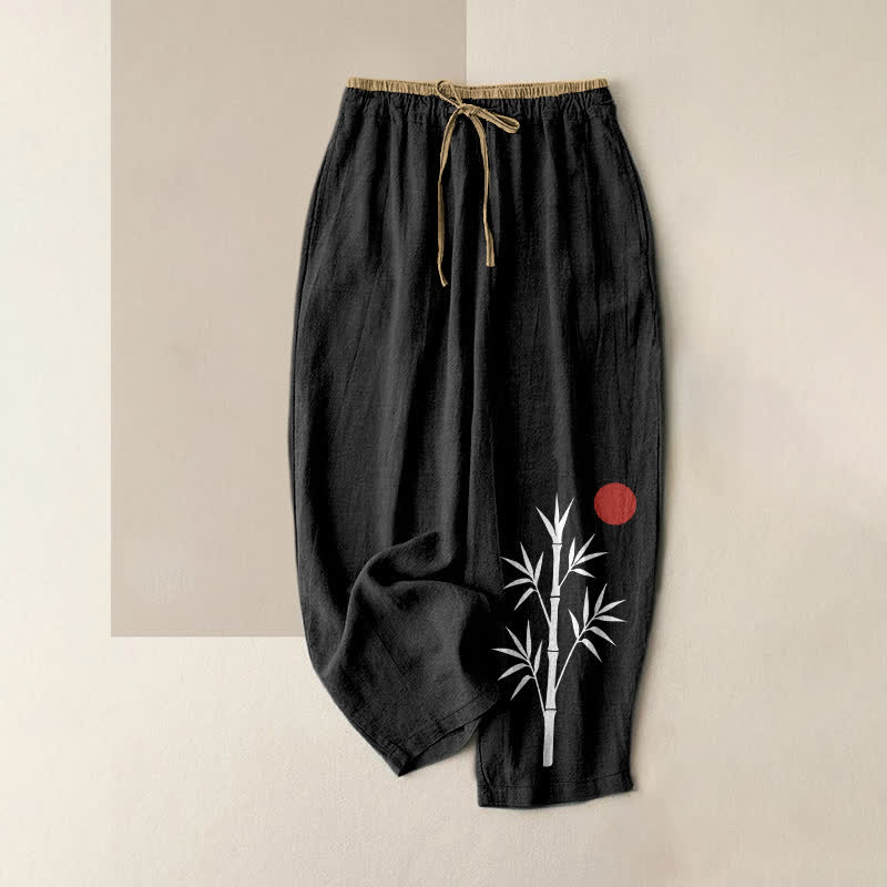 Buddha Stones Pantaloni da donna in cotone con motivo zen e bambù, vita elasticizzata e tasche. - Nero - US16, UK/AU20, EU48 (3XL) - image 0